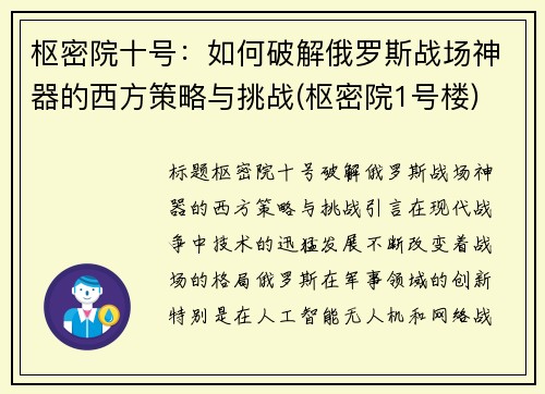 枢密院十号：如何破解俄罗斯战场神器的西方策略与挑战(枢密院1号楼)