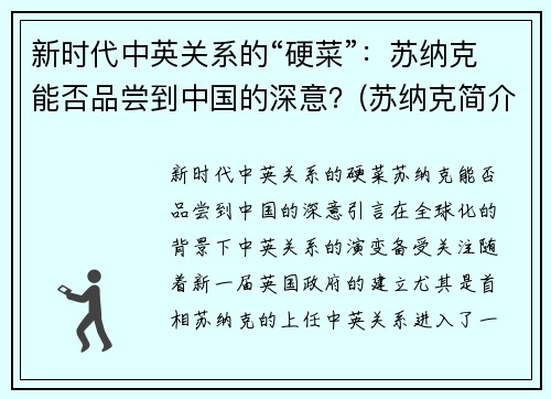 新时代中英关系的“硬菜”：苏纳克能否品尝到中国的深意？(苏纳克简介)