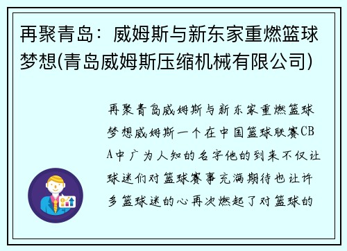 再聚青岛：威姆斯与新东家重燃篮球梦想(青岛威姆斯压缩机械有限公司)