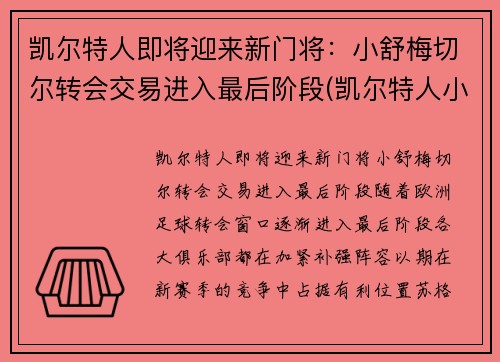 凯尔特人即将迎来新门将：小舒梅切尔转会交易进入最后阶段(凯尔特人小球迷)