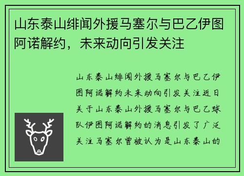 山东泰山绯闻外援马塞尔与巴乙伊图阿诺解约，未来动向引发关注