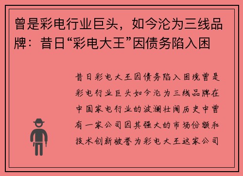 曾是彩电行业巨头，如今沦为三线品牌：昔日“彩电大王”因债务陷入困境