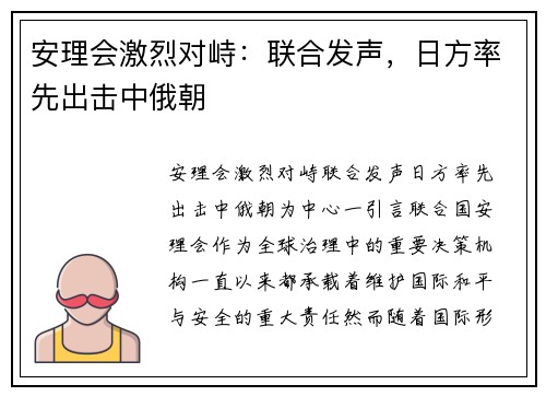 安理会激烈对峙：联合发声，日方率先出击中俄朝
