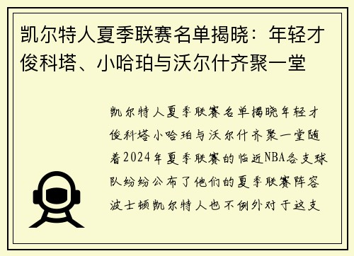 凯尔特人夏季联赛名单揭晓：年轻才俊科塔、小哈珀与沃尔什齐聚一堂