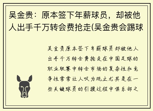 吴金贵：原本签下年薪球员，却被他人出手千万转会费抢走(吴金贵会踢球吗)