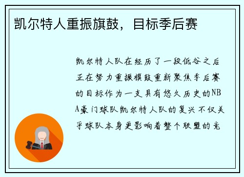 凯尔特人重振旗鼓，目标季后赛